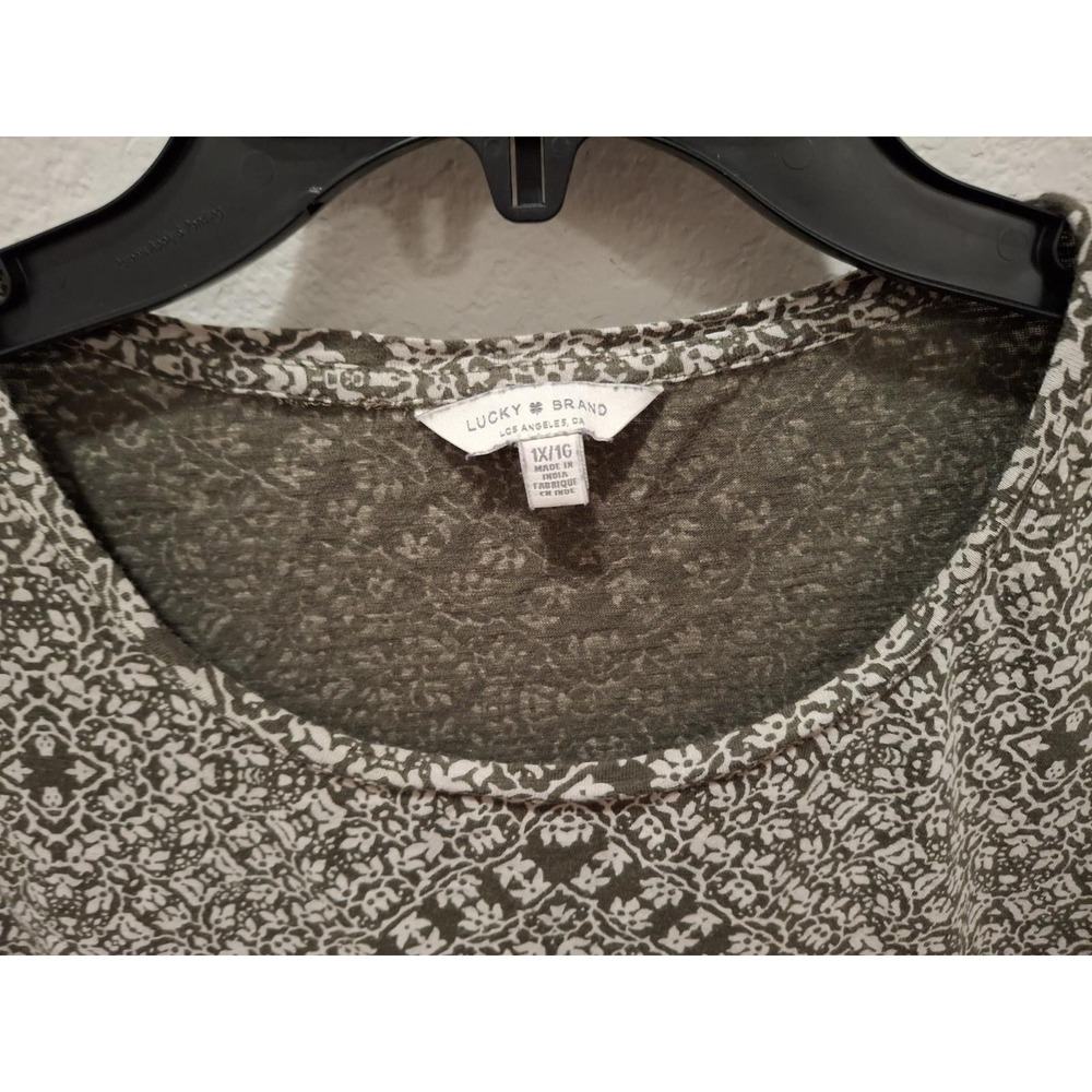 Lucky Brand 1X‎ Olive Green Floral 3/4 Sleeve Bohemian Boho Hippie Blouse - Picture 6 of 6
